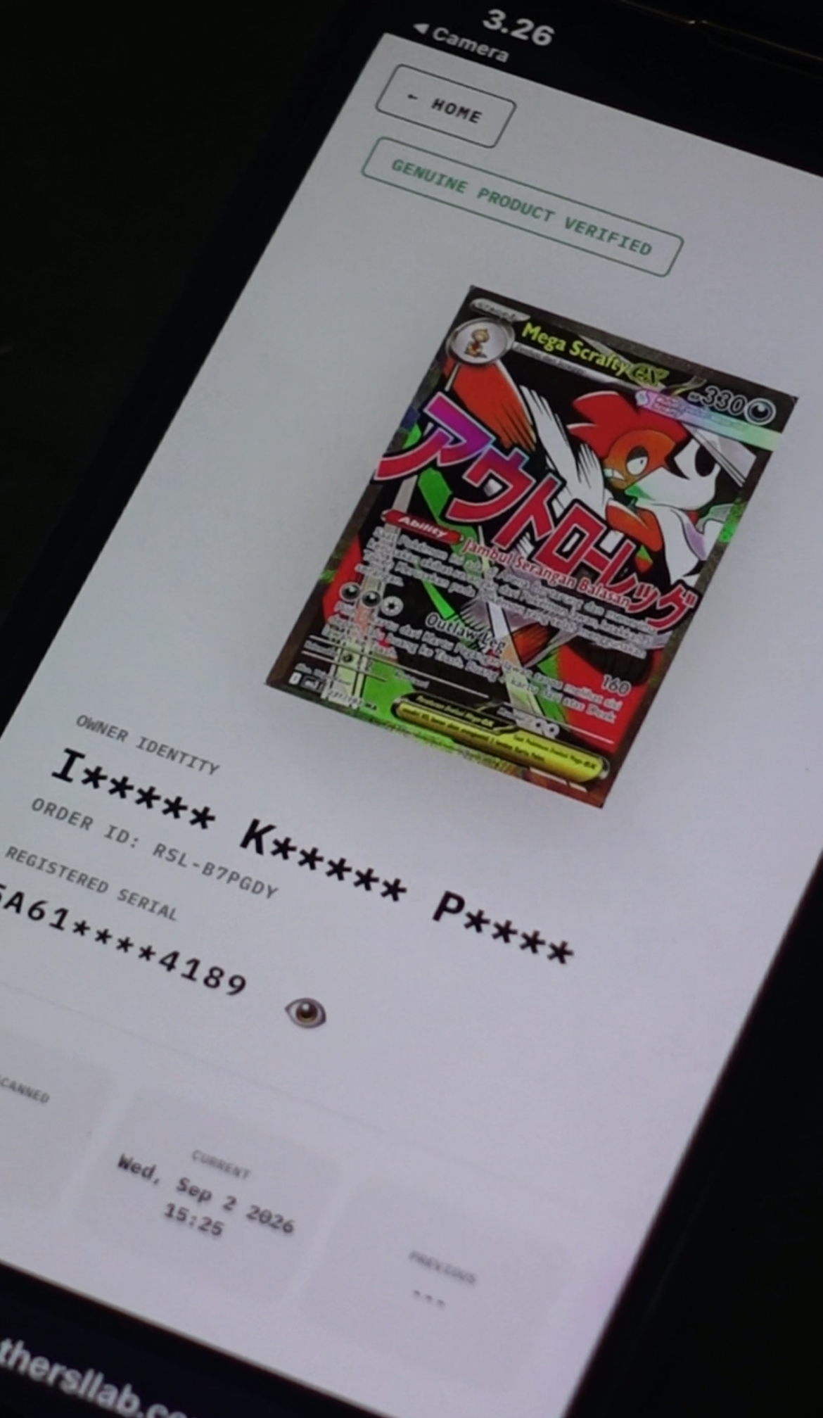 RSL.lab verification screen showing a Genuine Product Verified scan for a graded Mega Scrafty EX card